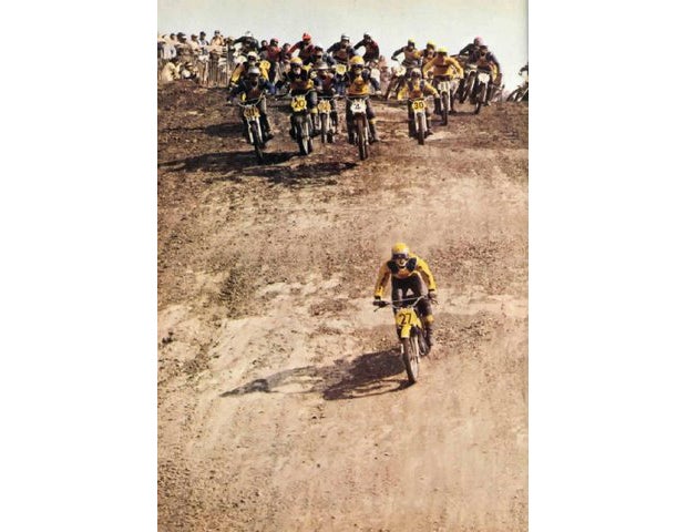 In the 70s, Ake Jonsson won every race in the US against the best riders in the world on his Maico. Here he already has a 10-bike lead on the pack going down the Saddleback Park downhill  on the first lap! After that, Yamaha signed him up and he never won another race. He even went so far as to put Maico forks on his YZ, really pissing off the Yamaha people. When he wanted to go a step further and use a Maico frame on his YZ, the Japanese went nuts. Even though he had a contract into the next year, Yamaha refused to show up at the races with the YZ-AICO. Needless to say, they parted company as less than good friends.