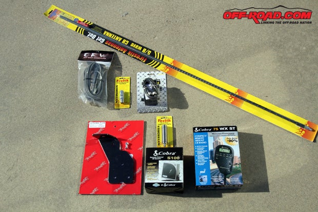 To get our Cobra 75 WX ST CB radio installed and working properly, we turned to Off Road Warehouse for the additional items needed, such as antenna pieces from Firestik, a Teraflex antenna mount, cable and a tuner. 
