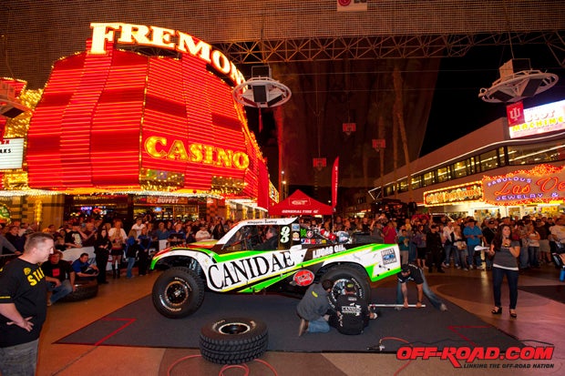 Canidae Racing had to change two tires for the Pit Crew Challenge on Fremont Street prior to the race.