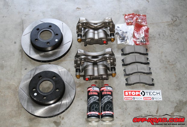 StopTech offers everything needed to swap out the ATE stock brakes to an Akebono-style setup, including the calipers, pads and rotors (which fortunately are an upgraded vented rotor). StopTech also offers DOT4 brake fluid as well.