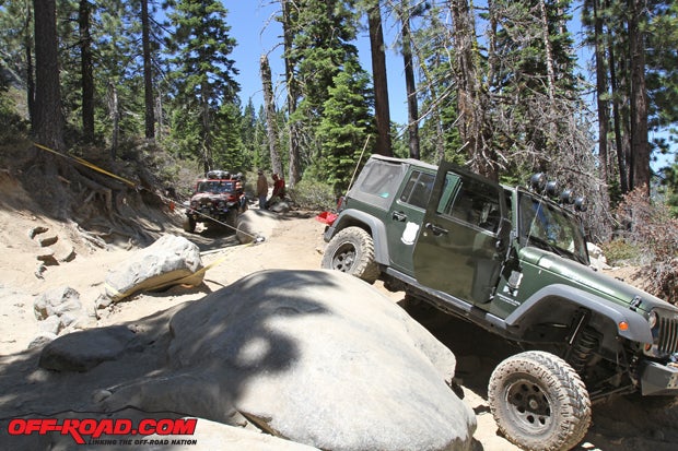 Trying a different line than the rest of us, Rick wedged his Jeep between two Volkswagen-sized boulders and found himself in definite need of a winch.