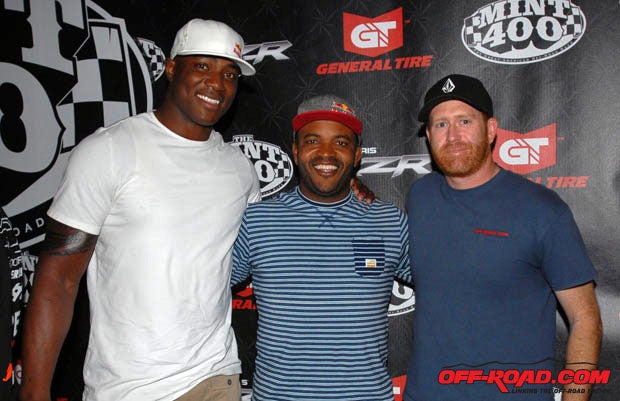 NFL Pro Bowler DeMarcus Ware (left) and action sports host Sal Masekela with Off-Road.com Editor Josh Burns. Ware and Masekela will partner tomorrow to race the Mint 400 in a Zero One car, with Masekela driving the car off the line in the morning. 