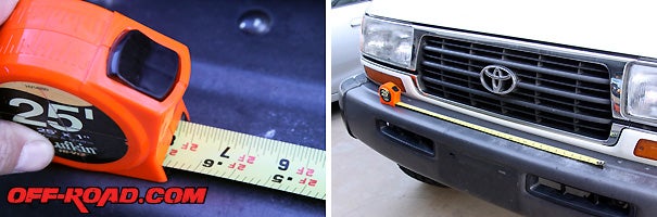 We measured and marked where the Stealths mounting tabs would bolt to on the bumper. Measure twice, drill once.