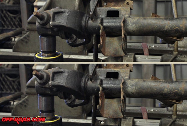 M.I.T. offers axle straightening at its shop in El Cajon, California. As noted from the progression from the top image to the bottom, the axle housing is literally bent back into shape. M.I.T. does have its trade secrets as to how the entire process works, but it helped get both our front and rear axles back in shape.