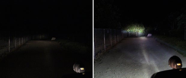 The stock low beams (left) just dont provide much in the way of long-distance vision compared to the Xray Vision HIDs (right). Poor visibility on the trail requires slower, more careful driving to avoid hazards that wont be visible in some instances until youre right on top of them.