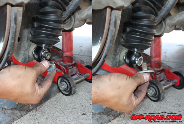This sleeve slides in place (left) prior to securing the base mount of the rear shock.