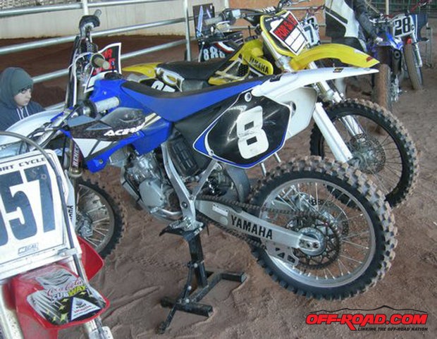 Heres a fresh Yamaha replete with knobbys ready to race.