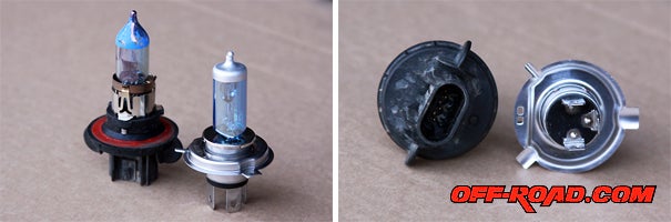 For reference, the H13 bulb is on the left, the new H4 bulb is on the right.  As you can see the plug style is much different and requires an adapter plug to work. The IPF H4 bulb is rated at 4400 Kelvins (K), where the stock bulb is about 3000K.