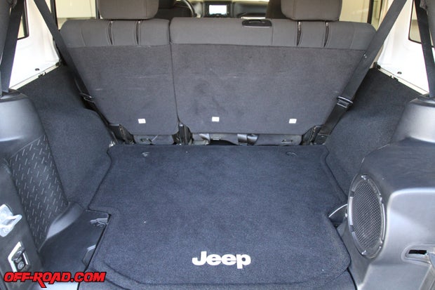 Theres plenty of room for storage at the back of the four-door Jeep Wrangler. The 60/40 split rear seats also fold down when larger items need to be loaded. 