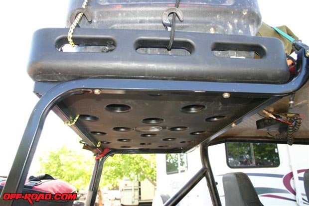 Bungee cord hooks arent restricted to the factory-mounted I-bolts or the mounting tabs. The racks molded openings can also be used so that the load is kept secure on the roughest trail.