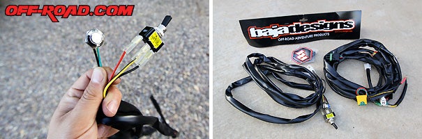 The Baja Designs wiring harness includes the toggle switch for On/Off and Momentary button for dust and strobe modes. The heavy-duty wire gauge can handle 10- to 50-inch LED bar, complete with battery ring terminals, relay, sheathing and fuse. There is 100-inch wire length between battery ring terminals and weatherpack connector for bumper or roof mounting.