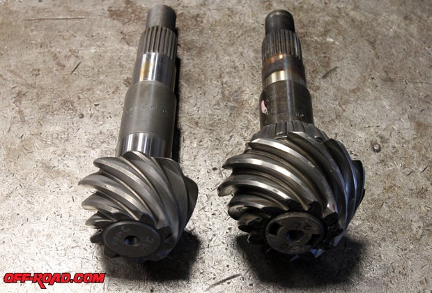 The stock differential (right) is swapped out for a Detroit Truetrac in both the front and rear axles. The limited-slip Truetrac differential remains open until there is a loss of traction, in which case it will transfer power to the wheel with the most amount of traction.