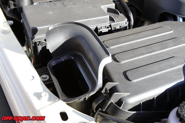 The engine air intake on the 2012 Jeep Wrangler Unlimited Rubicon allows it to ford up to 30-inch-deep water sections on the trail with no worries. 
