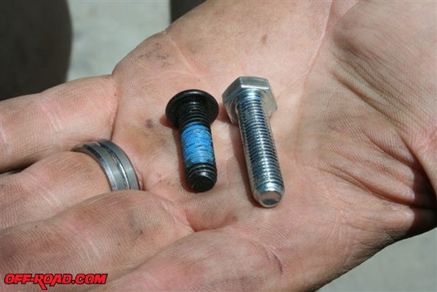 Also due to all the accumulated stress, we found the Bestop-provided mounting bolts (on the left with Loctite already applied from the factory) to be slightly too short for comfort. We purchased replacement bolts that were about ¼-inch longer.
