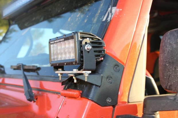 The driving lights can be easily adjusted for height and angle with this combination of mounts and adapters.