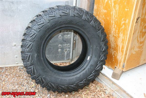 The massive Goodyear Wrangler MT/R with Kevlar 12.50x35 tire has extra lugs molded along the sidewall to increase traction off-road.