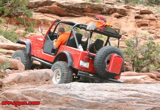 Gear is held securely in the Bestop rack, even over the stair steps up and down the Moab Rim Trail.
