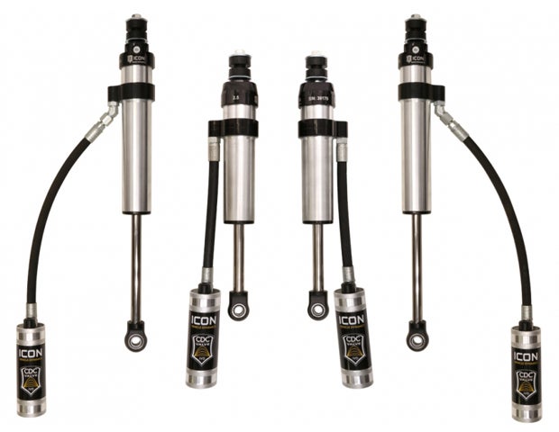 The Stage 3 Performance Shock System from Icon Vehicle Dynamics features a remote reservoir front shock that, when paired with an aftermarket upper control arm, can provide up to 3 inches of lift. Both the front and rear shocks in this system feature remote reservoirs with Icons CDCV, or Compression Damping Control Valve, to fine-tine the suspension to one of 10 levels of compression damping force.