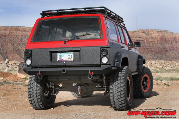 The Cherokee has a variety of OR-Fab components, including this new rear rock slider bumper.