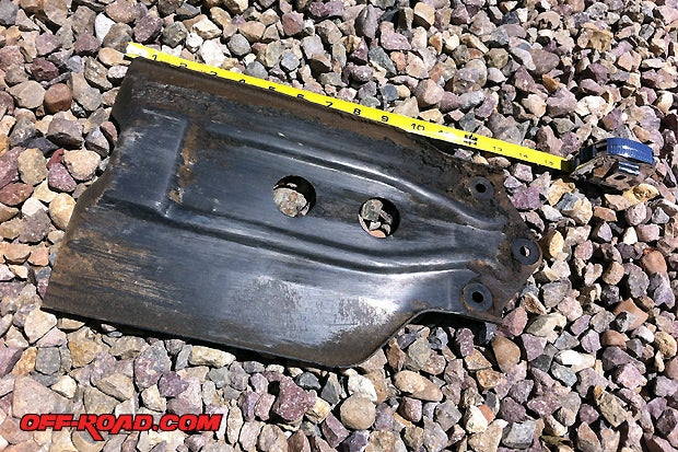 The factory transfer case skid plate offers minimal protection. Its recommended that it be upgraded with a heavy-duty piece of armor for serious off-road use.