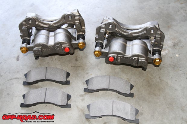 Wed be swapping out our stock ATE brakes for these new Akebono-style StopTech calipers and brake pads.