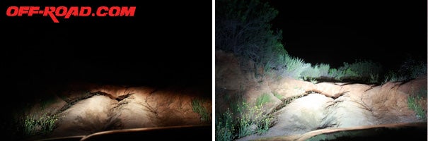 The difference is amazing! Factory halogen lighting (left), Baja Designs Stealth 20 LED bar (right).