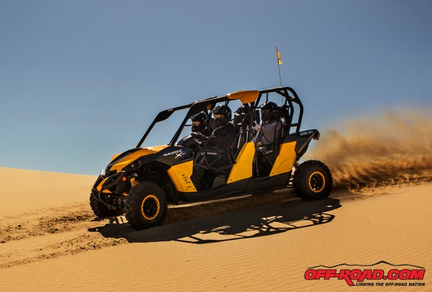 Can-Ams four-seater Maverick MAX 1000R has a longer wheelbase than the Polaris XP 4 900 (a little more than 6 inches), and its overall length is nearly 14 inches longer overall.