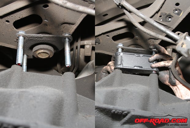 With the new bolts in place, the control arm spacer can be installed using the 14mm x 80mm bolts. Apply Loctite on the bolt treads and then torque them between 75 to 85 lb.-ft.