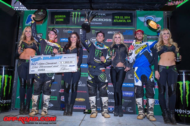Martin Davalos (center) earned his first-ever Supercross win. Adam Cianciarulo (left) earned second and the holeshot award, while Justin Bogle (right) finished third. 