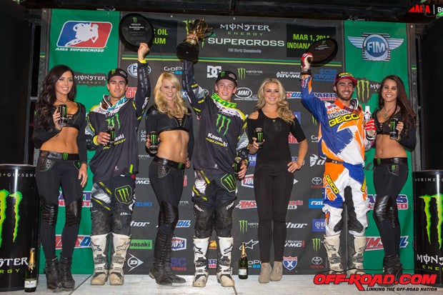 Adam Ciancairulo (middle) earned the 250cc win, while teammate Martin Davalos (left) earned second to give Monster Energy Pro Circuit Kawasaki. Geico Hondas Justin Bogle (right) finished third. 
