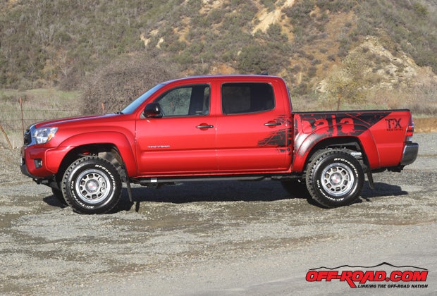The Toyota Tacoma T/X Baja Series truck in our test features upgraded suspension that provides a 1.5-inch lift up front and a 1-inch lift out back over stock. This gives the truck a taller stance than the other trucks in the class and the most ground clearance to boot. 