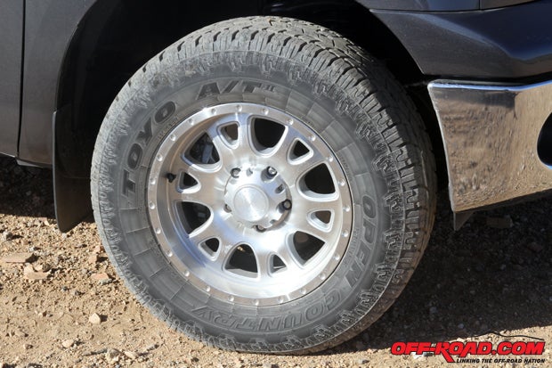 We tested a set of Toyos Open Country A/T IIs in 275/65R18 size, which were a direct fit for our road-focused stock tires. We also ditched our stock wheels for a set of Black Rhino Wheels new Lucerne wheel. 