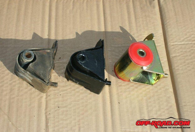 In a comparison between the motor mounts, the break in the OEM mount (far left) can be easily seen. The center mount is a direct OEM replacement, which is good for street and mild trail vehicles. Far right mount is neoprene and is designed for extended life and the more wild trail rigs. Itll last much longer than rubber mounts but will also transfer engine vibrations to the vehicle.