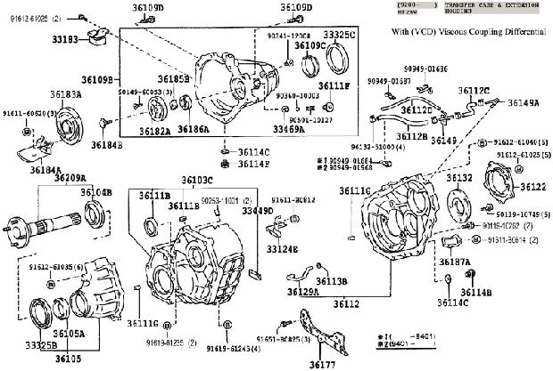 Toyota Land Cruiser FZJ80 19931997 transfer case with viscous coupling differential (VCD) and center locker exploded view.