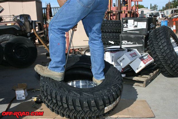 Although tires can be mounted on beadlock wheels much easier than the usual wheels, the inside sidewalls still must be in place before bolting on the beadlock rings.