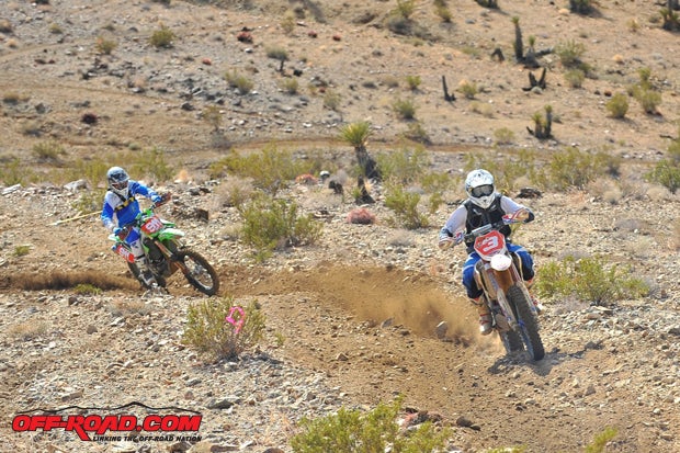 This was a typical scene and indicative of how close the racing was at the front. Justin Morrow leads Argubright going out onto the third loop, though he later smashed his rear brake pedal into uselessness and settled for third.