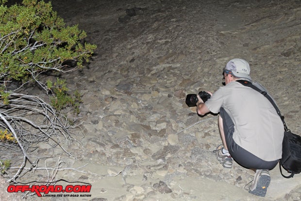 We hiked back down in the dark. Partway through, we all heard a distinctive buzz and stopped in our tracks. When you hear a rattler, your best move is to stop, figure out where the snake is, and back away slowly. After wed located the snake, Dave moved in for a photo. His zoom lens allowed a close-up shot from a still-safe distance.