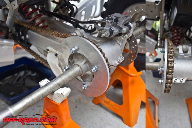 Adding the new longer bolts and supplied spacers the entire process may have taken about 30 minutes. This excellent TCS Motorsports Sprocket Guard is made from thick aluminum and will take a beating without quitting!