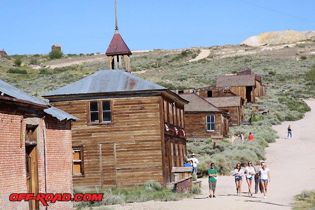 The Bodie School House sits high with two stories and raised steeple.