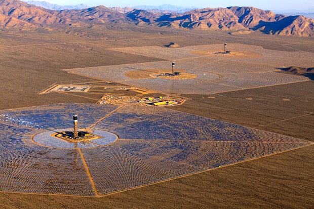 The Ivanpah Solar Electric Generating System (SEGS) is slated to produce clean energy for more than 140,000 homes using thermal electric tower technology as early as 2014 (Photo: BrightSource Energy).