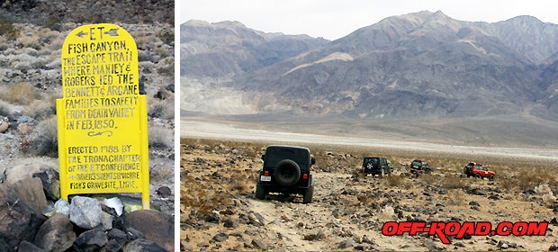 Death Valley Escape Trail: Fish Canyon. The Escape trail where Manley & Rogers led the Bennett & Arcane families to safety from Death Valley in Feb 1850 (left). We worked across a rocky section through Panamint Valley that lead to Goler Canyon.