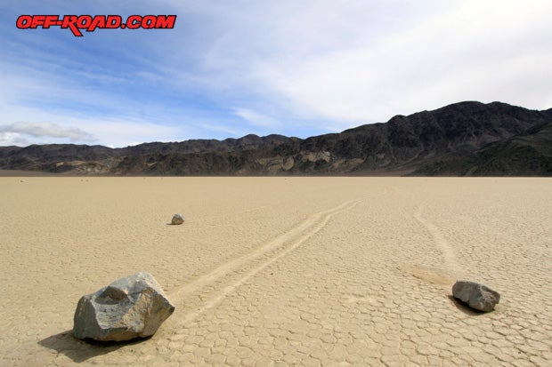 The Racetrack is a geological phenomenon in Death Valley that interests many. How is it possible for these rocks to be moving? One theory is that water freezes under the rocks, and as it melts the rocks are propelled by wind.