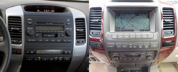The non-navigation unit (left) is a good option if you can find one, simply because the GX 470's navigation unit (right) can be costly to replace.