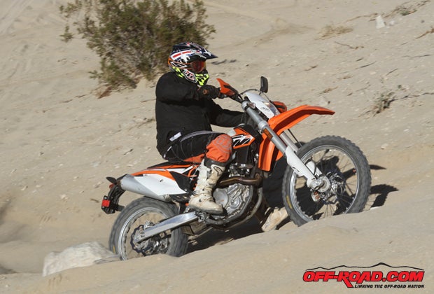 The KTM certainly feels more comfortable when ridden aggressively in the dirt.