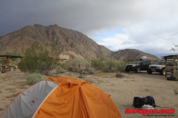 The front edge of a storm blew in as we rested in the Palm Canyon Campground. A flapping tent does not a good nights sleep make!