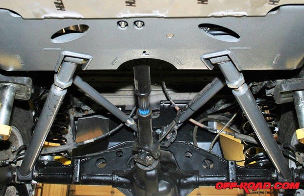 This is an example on how the finished rear four-link system should appear. Also make sure that your new exhaust system completely exits the rear of the Jeep.