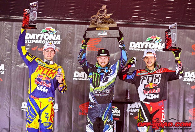 Ryan Villopoto (center) holds a 28-point over third-place finisher Ryan Dingey (right), and a 29-point lead over Ken Roczen (left), so he can technically miss a round of the series without losing the points lead.