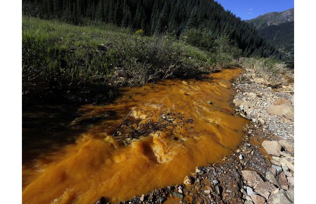 Cement Creek, upstream of Silverton and the Animas. The EPA released years of mountain exfiltration in just an hour. Photo: AP, August 13, 2015.