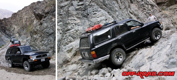 Heading up Goler Canyon, this 4Runner’s bumper got crunched on the slippery rock obstacle. We had to stack rocks and have Tom Severin spot us.