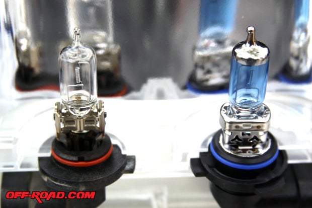 Standard Halogen headlight bulb (left).Sylvania SilverStar ZXE Xenon halogen headlight bulb (right).  The Cobalt blue coating provides optimal light transmission and color.